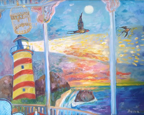 Schilderij van een vuurtoren bij een kleurrijke zonsondergang met vogels in de lucht.