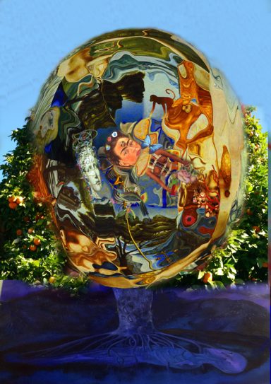 Kleurige afbeelding van een globe met schilderachtige elementen en een groene achtergrond.